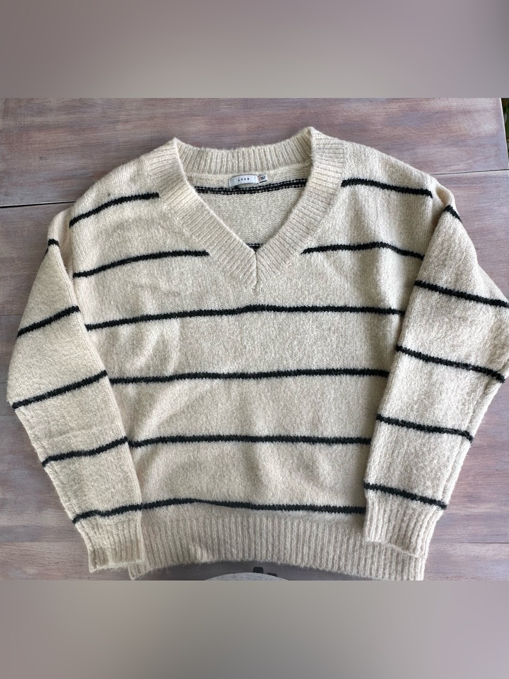 Lulu's Cozy Cream V-Neck Sweater with Black Stripes XS
